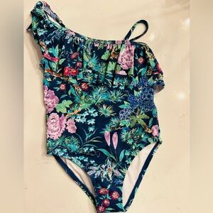 Janie and Jack Navy Floral Ruffle One-Shoulder Swimsuit